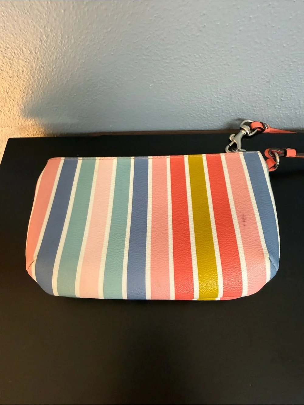 Coach Multicolor Vertical Stripe Wristlet in Coral, Pink, Blue & Yellow